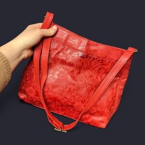Studio Works Vintage Red Embossed Leather Floral Boho Crossbody Shoulder Bag